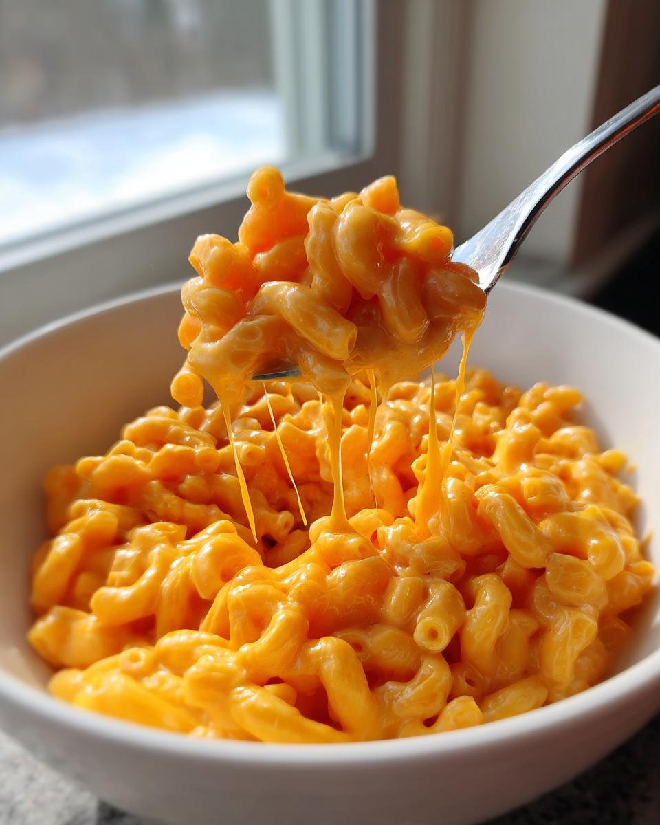 A fork lifting creamy, cheesy Instant Pot Mac And Cheese out of a white bowl, showing long cheese pulls.