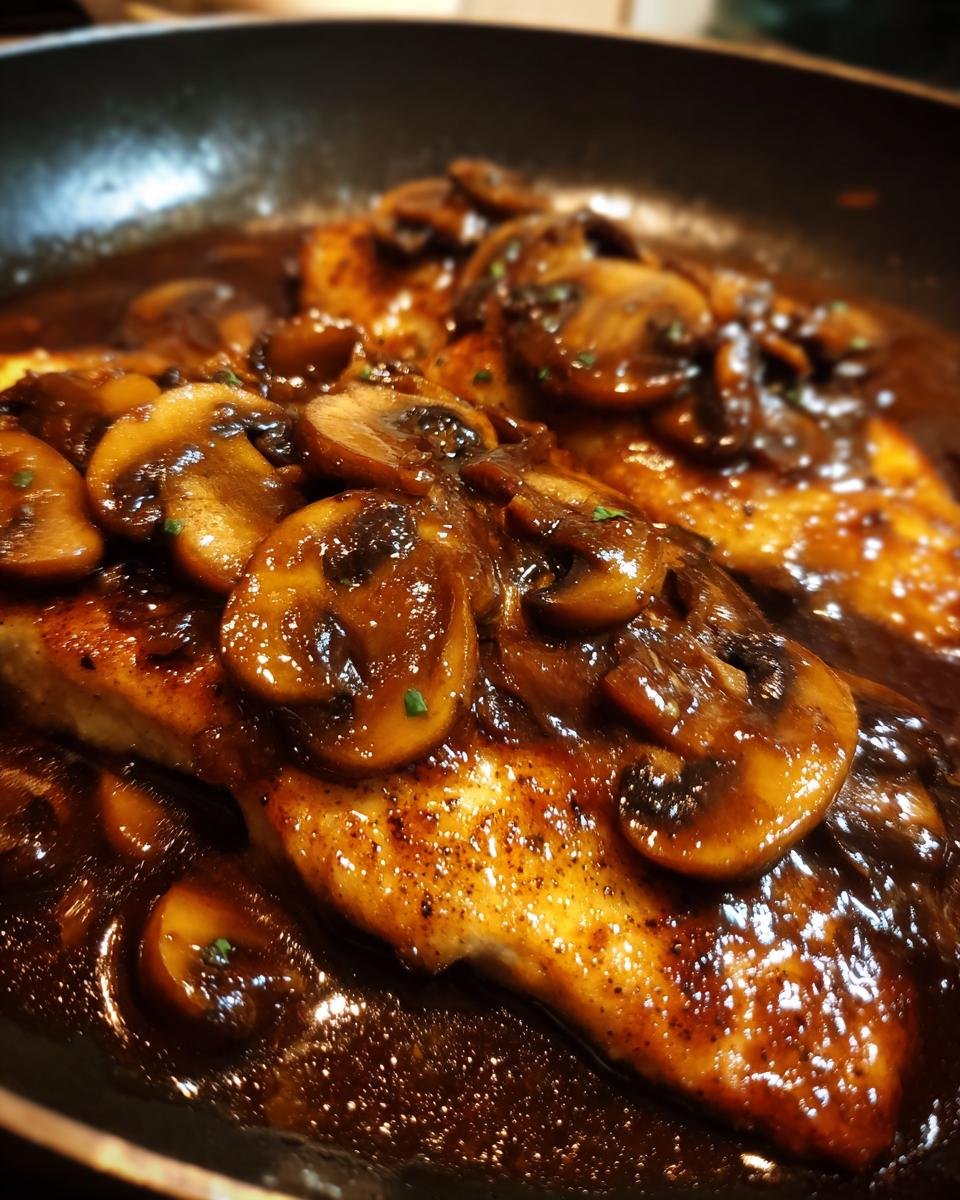 Close-up of pan-seared Chicken Marsala topped generously with rich, dark mushroom sauce.