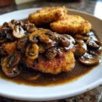 Close-up of pan-fried Chicken Marsala topped generously with saut&eacute;ed mushrooms in a dark brown sauce.