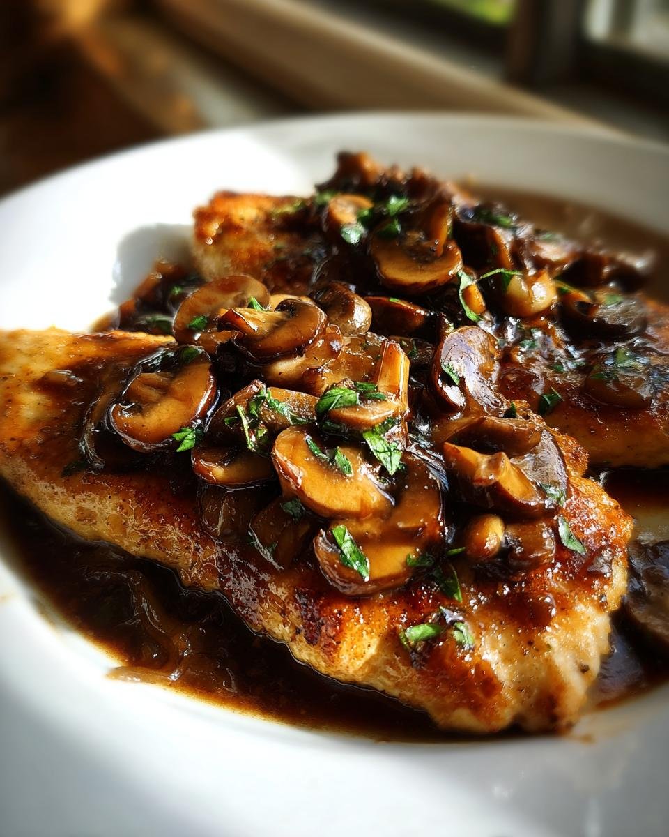 A close-up of pan-seared Chicken Marsala topped generously with rich, dark mushroom sauce and fresh parsley.