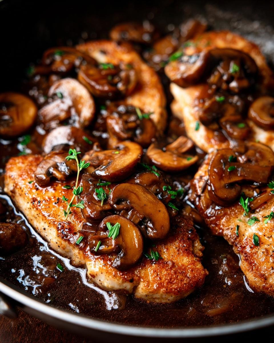 Close-up of golden-brown Chicken Marsala cutlets smothered in a dark, savory Marsala wine and mushroom sauce.