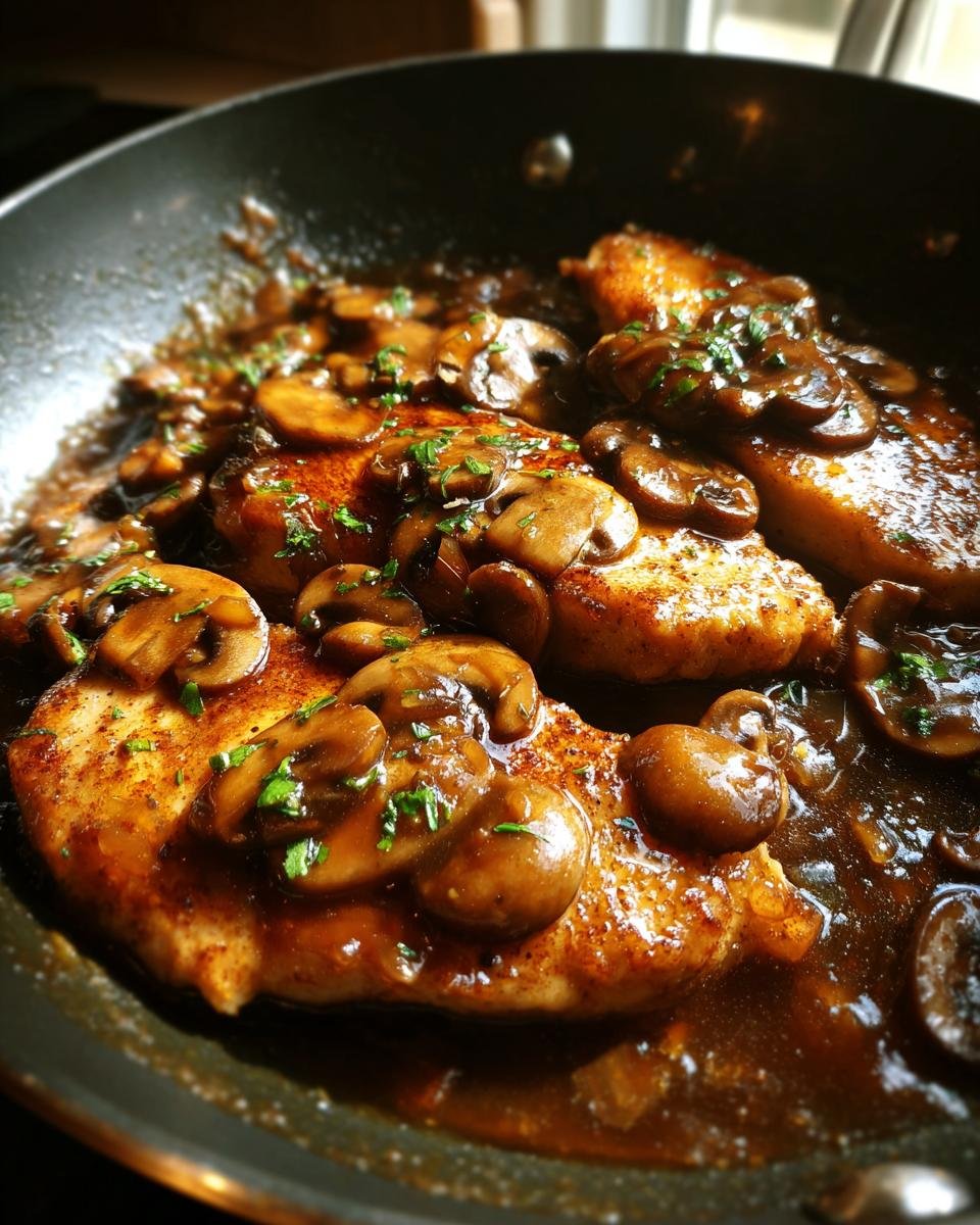 Close-up of seared Chicken Marsala cutlets covered in rich brown mushroom sauce and fresh parsley.