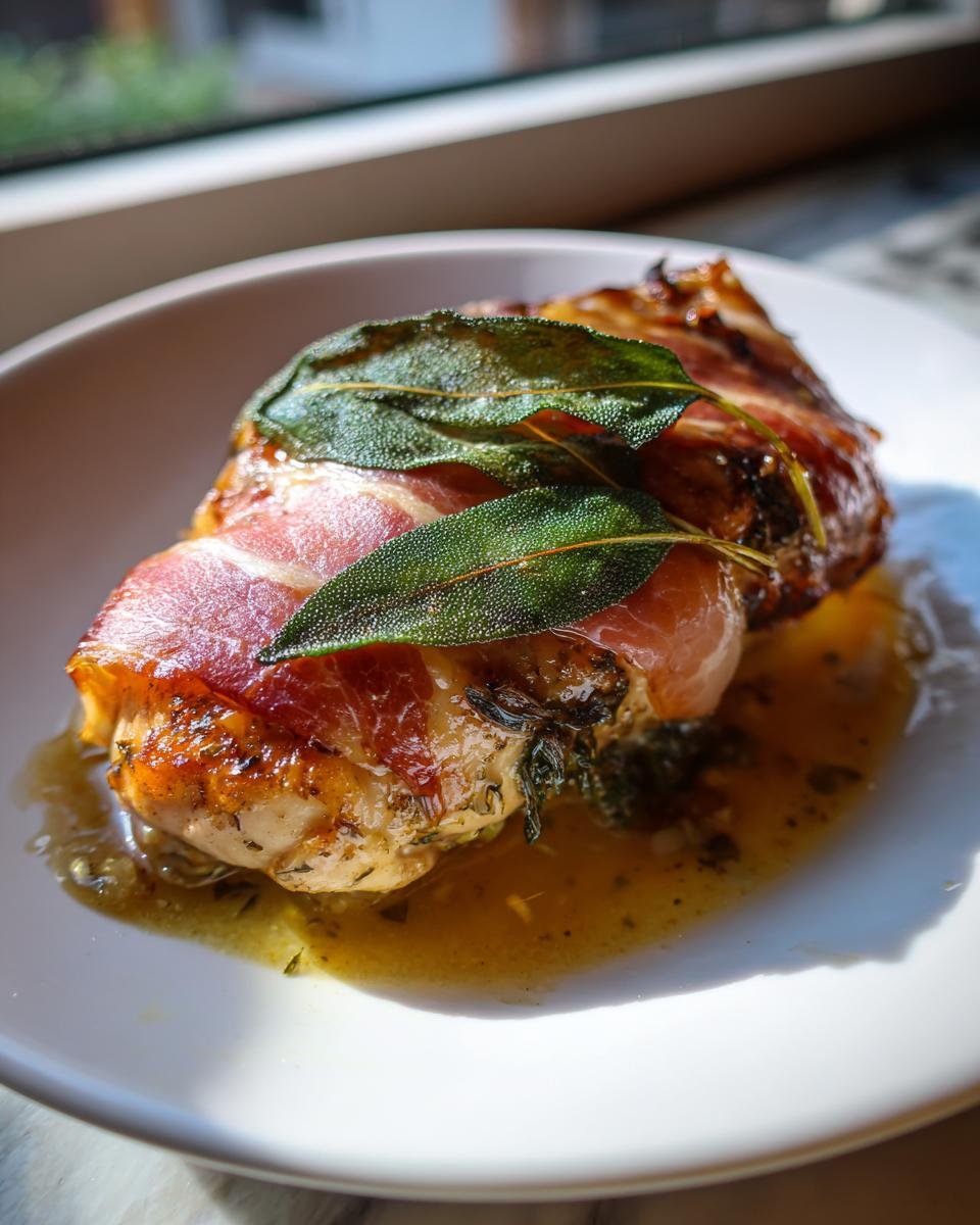Close-up of a serving of Chicken Saltimbocca wrapped in prosciutto and topped with fresh sage leaves, sitting in pan sauce.