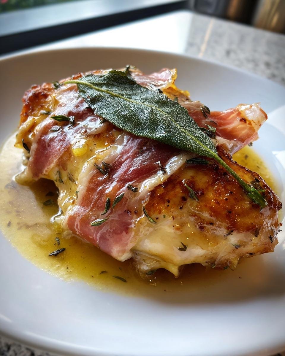Close-up of a golden-brown Chicken Saltimbocca wrapped in prosciutto, topped with a sage leaf and resting in pan sauce.