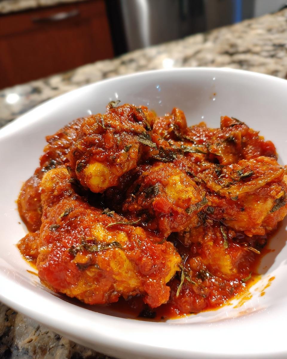 Close-up of tender chicken pieces coated in rich, vibrant Chicken Tomato Sauce, garnished with herbs.