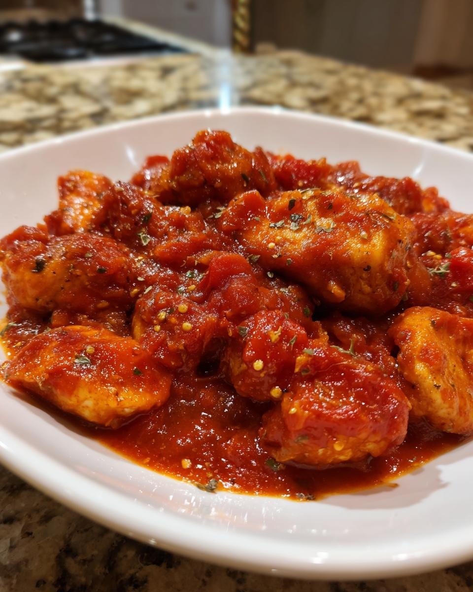 Close-up of tender chicken pieces coated generously in rich Chicken Tomato Sauce, garnished with herbs.