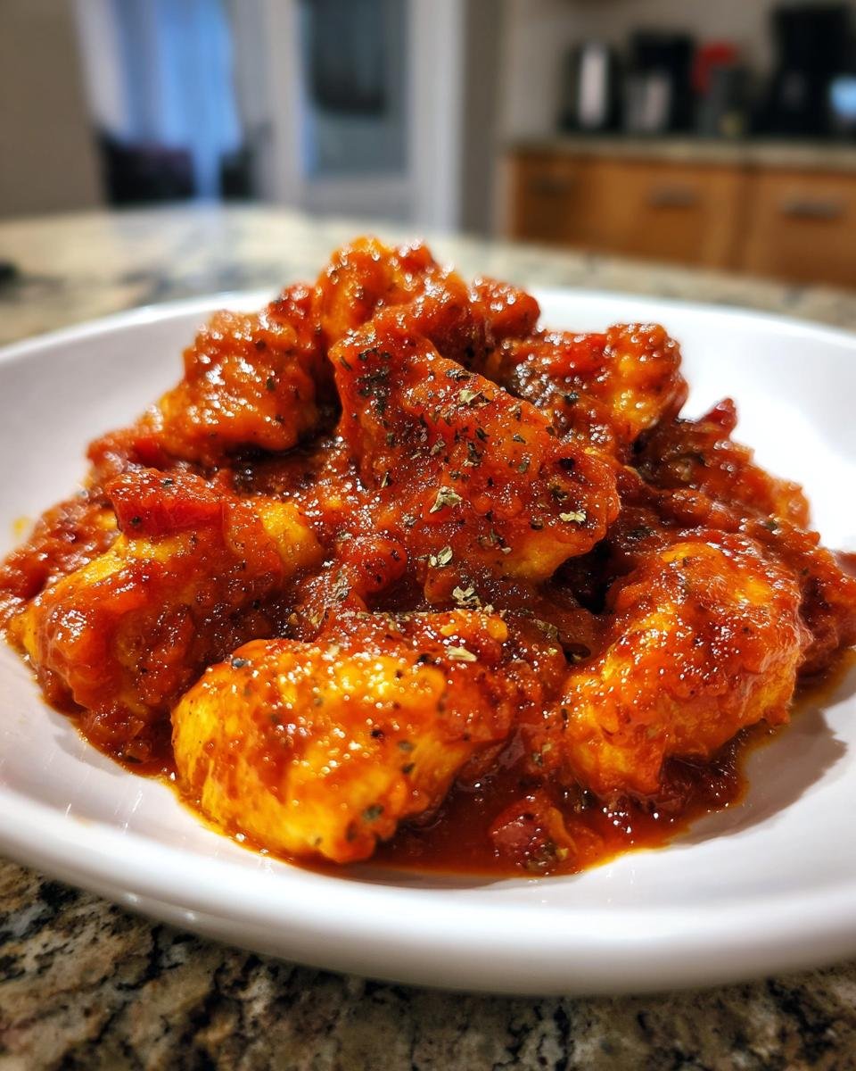 Close-up of tender chicken pieces coated in a rich, vibrant Chicken Tomato Sauce, sprinkled with herbs.