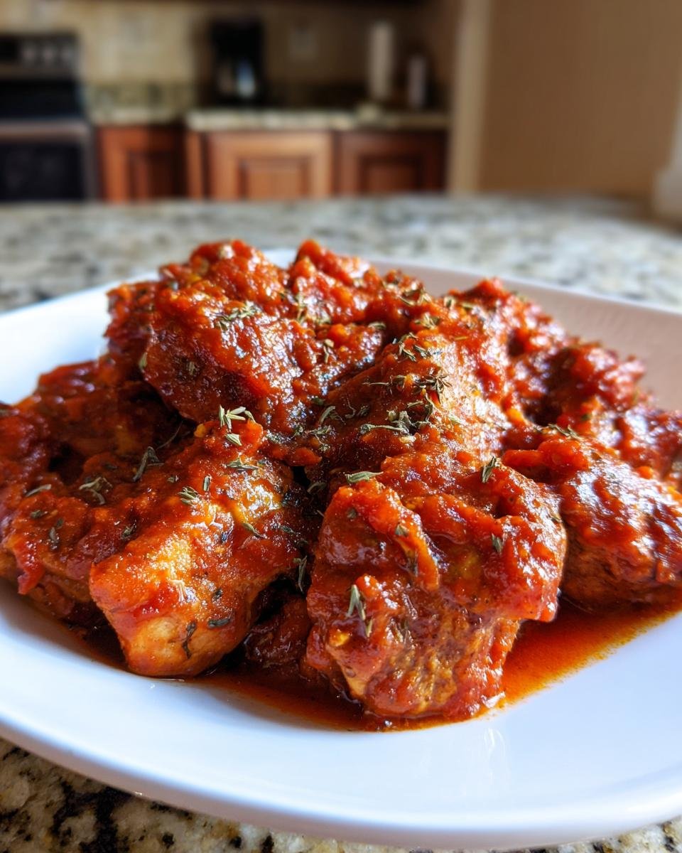 Close-up of tender chicken pieces smothered in rich Chicken Tomato Sauce and sprinkled with dried herbs.