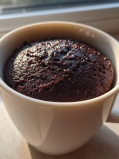 A rich, dark Chocolate Mug Cake freshly baked and risen perfectly inside a white ceramic mug.