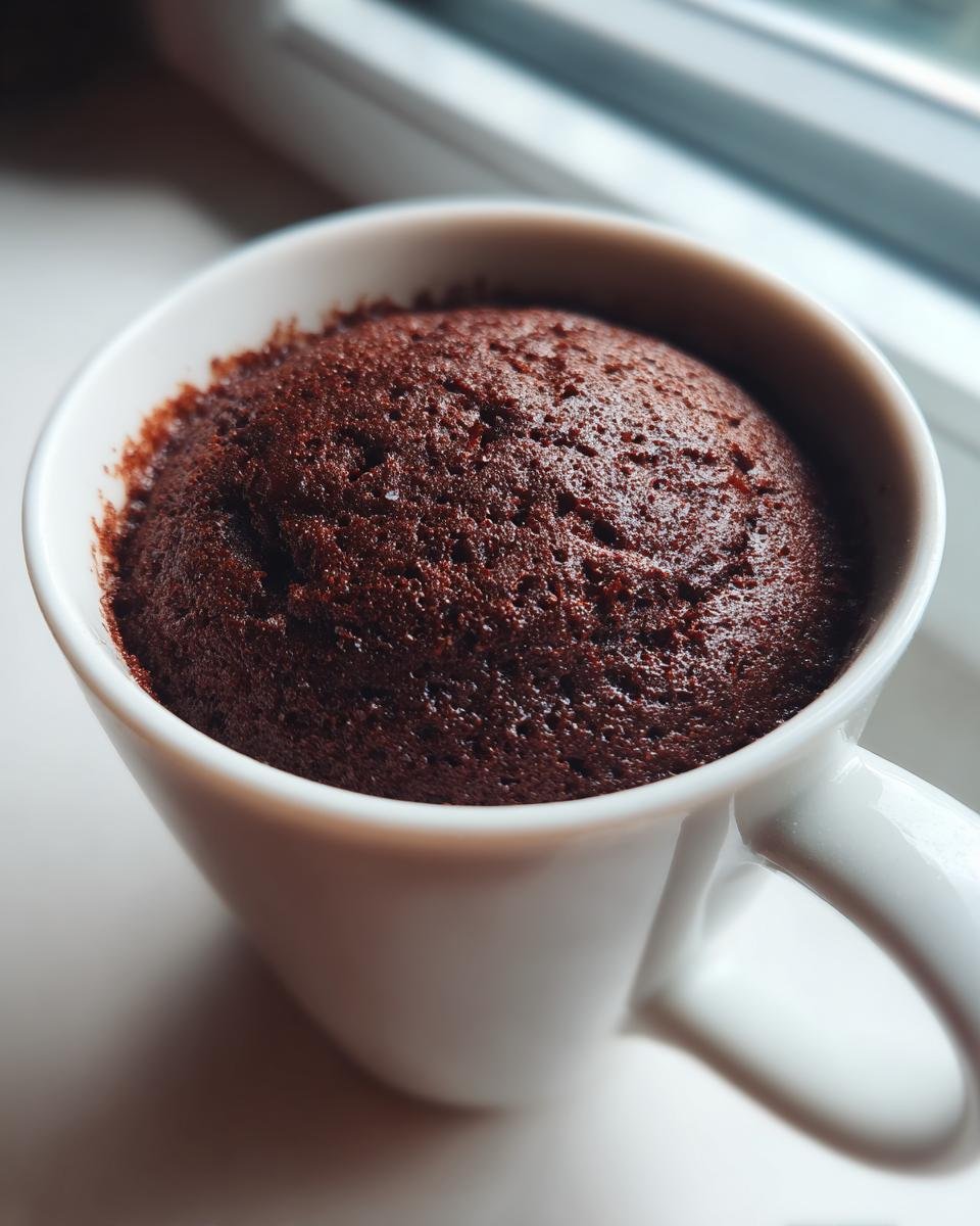 Close-up of a freshly baked, risen Chocolate Mug Cake inside a white ceramic mug.