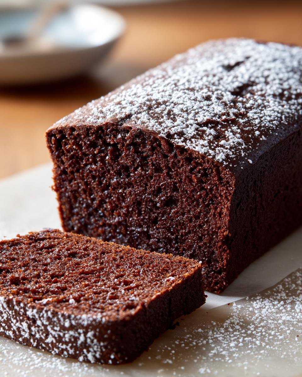 A rich, dark Chocolate Olive Oil Cake loaf, partially sliced, dusted heavily with powdered sugar.