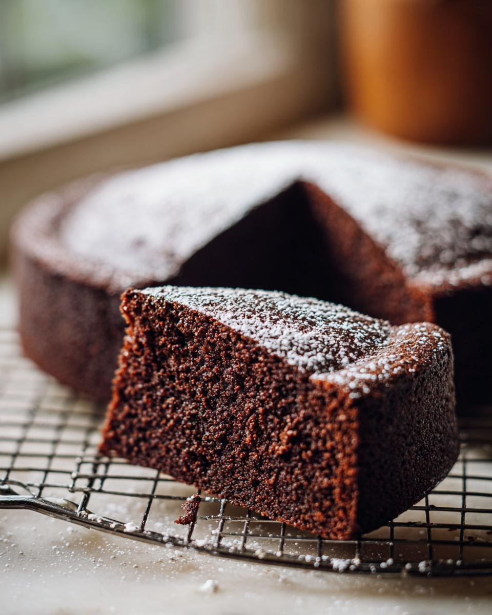Close-up of a moist slice of Chocolate Olive Oil Cake dusted with powdered sugar, resting on a cooling rack.