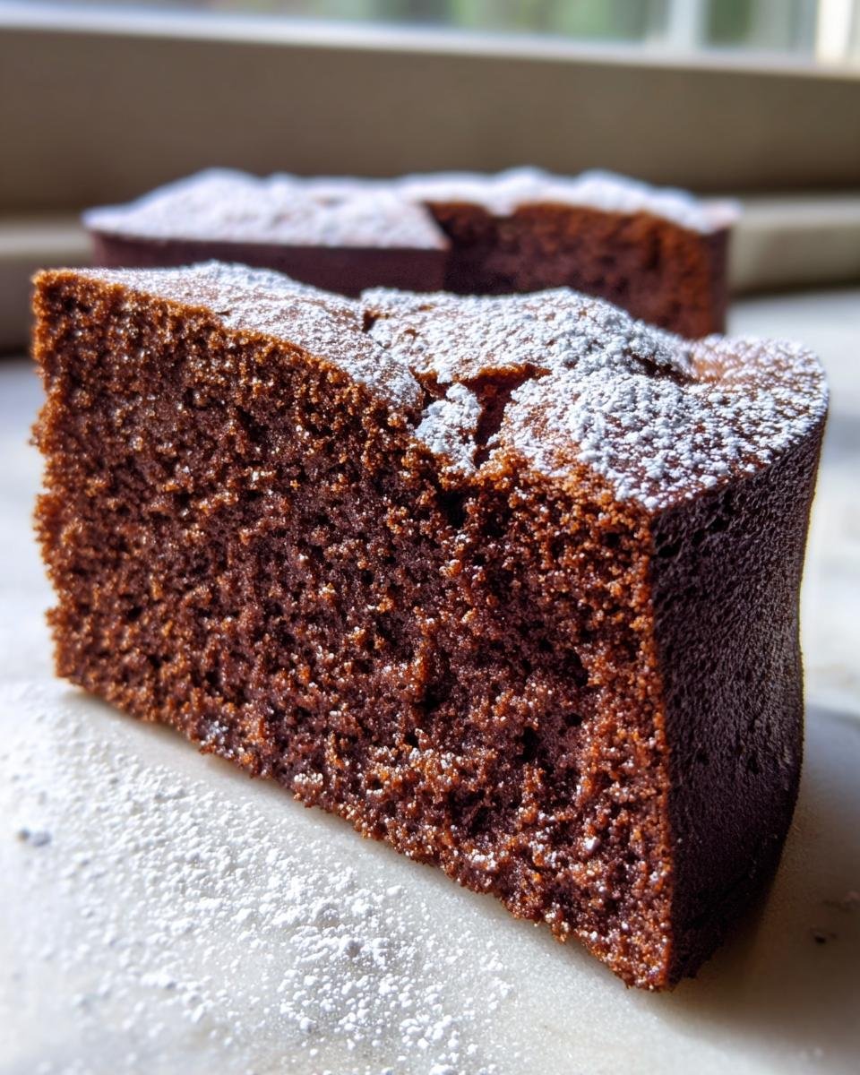Close-up of a rich, dark slice of Chocolate Olive Oil Cake dusted with powdered sugar.
