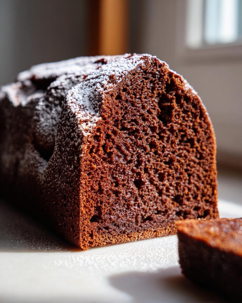 Close-up of a dark, moist slice of Chocolate Olive Oil Cake dusted lightly with powdered sugar.