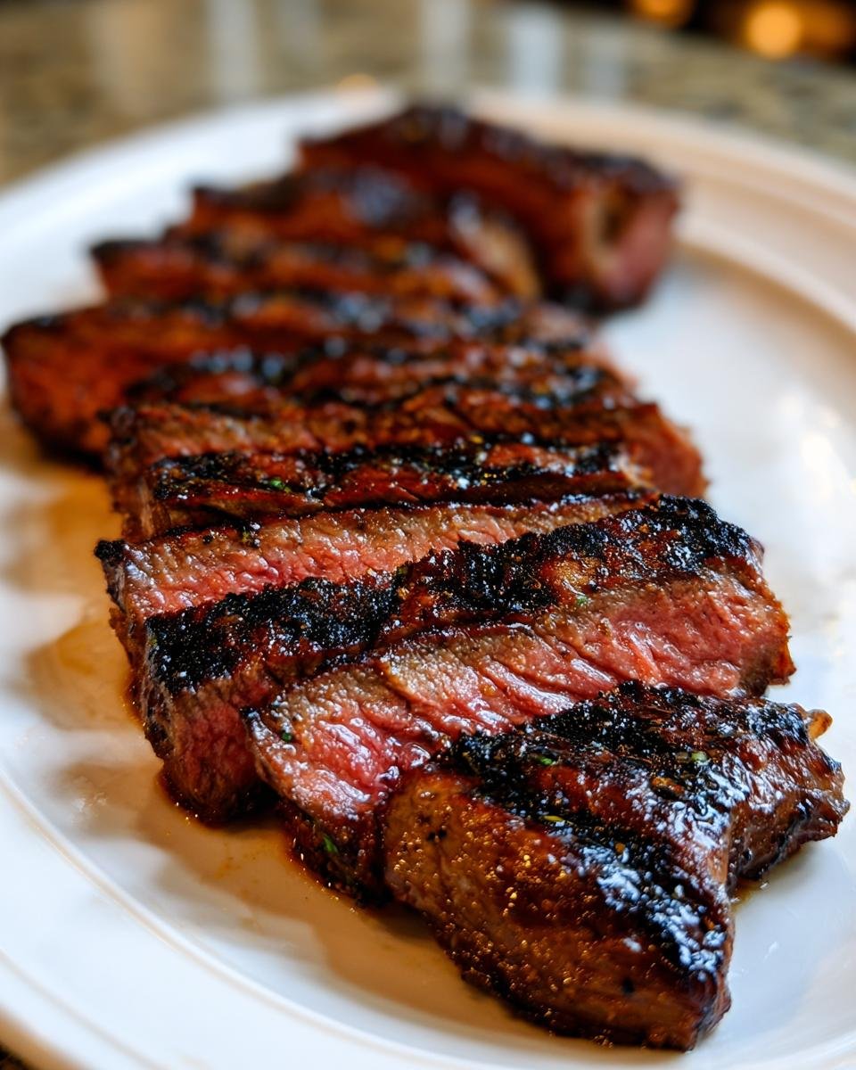 Close-up of perfectly grilled and sliced Churrasco Steak showing a medium-rare interior and dark crust.
