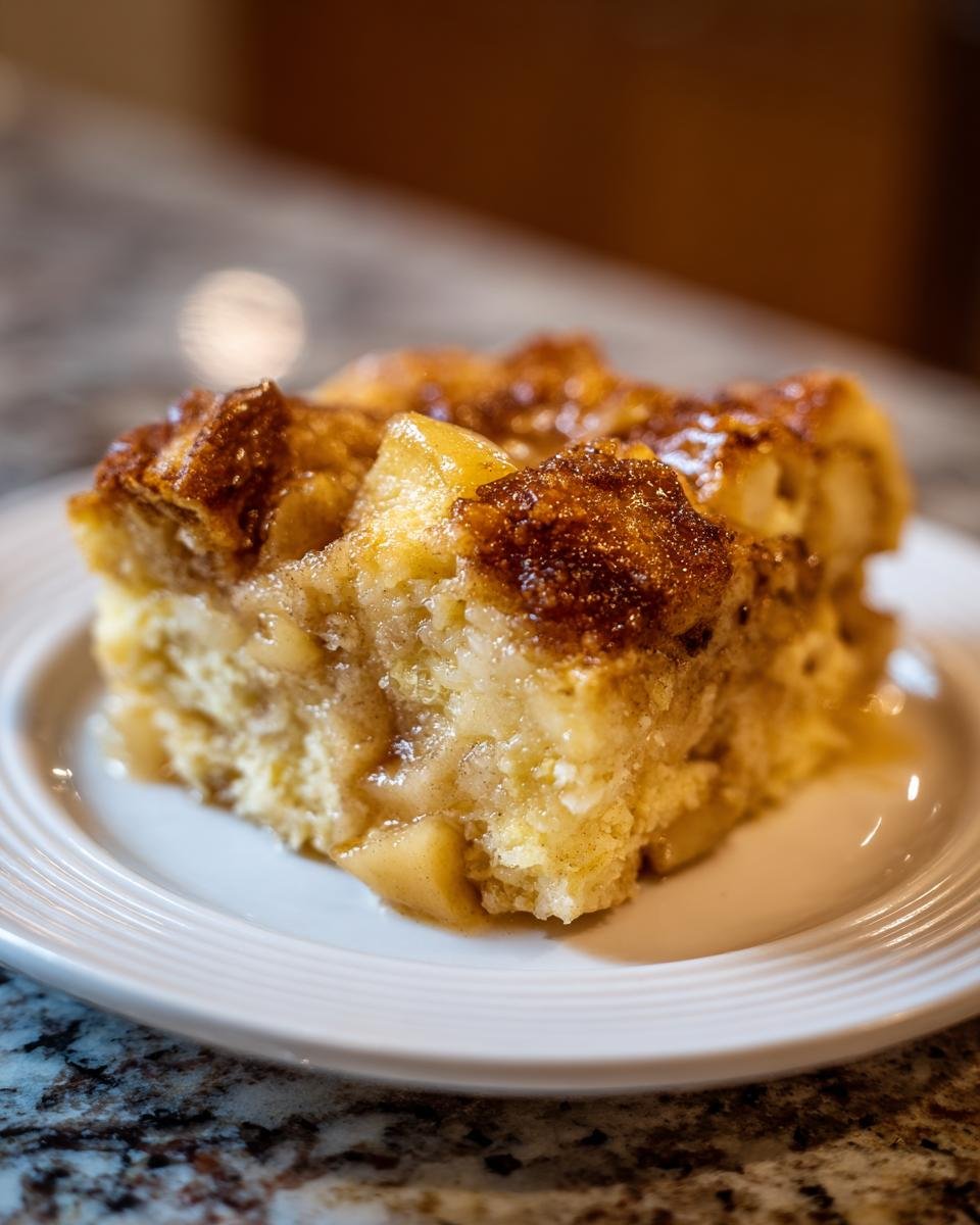 A close-up of a square serving of Cinnamon Apple French Toast Casserole on a white plate.