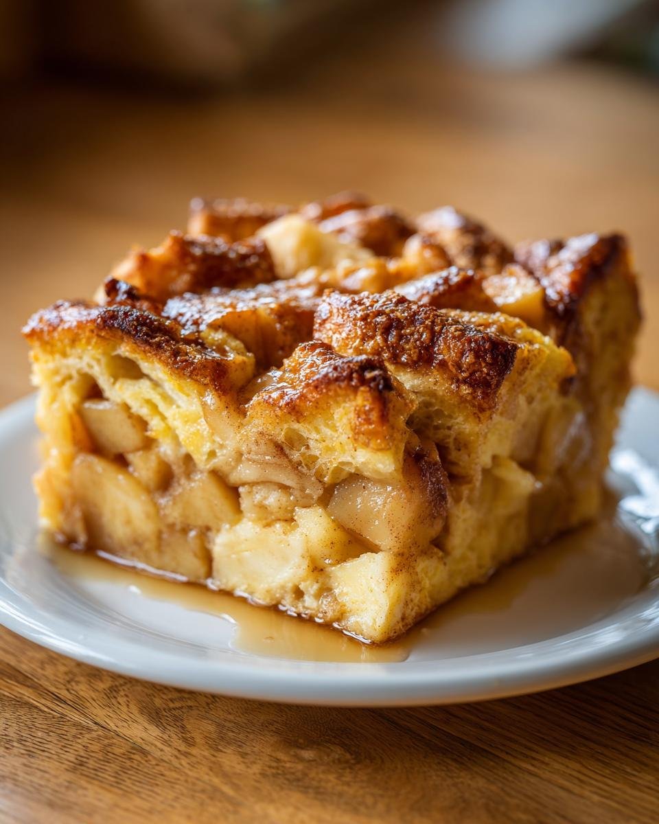 A close-up of a square slice of Cinnamon Apple French Toast Casserole, rich with baked apples and drizzled with syrup.