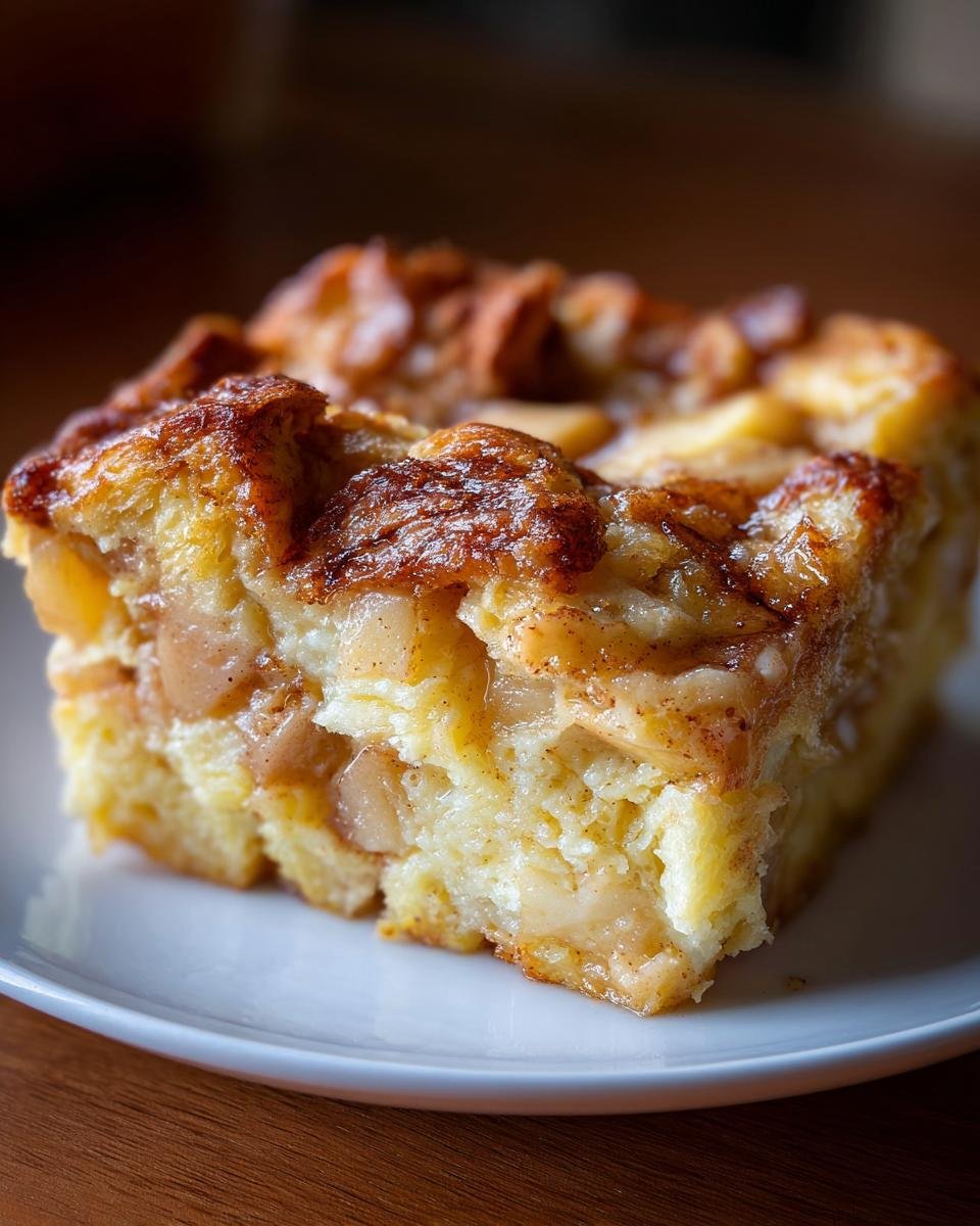 Close-up of a square slice of Cinnamon Apple French Toast Casserole on a white plate.