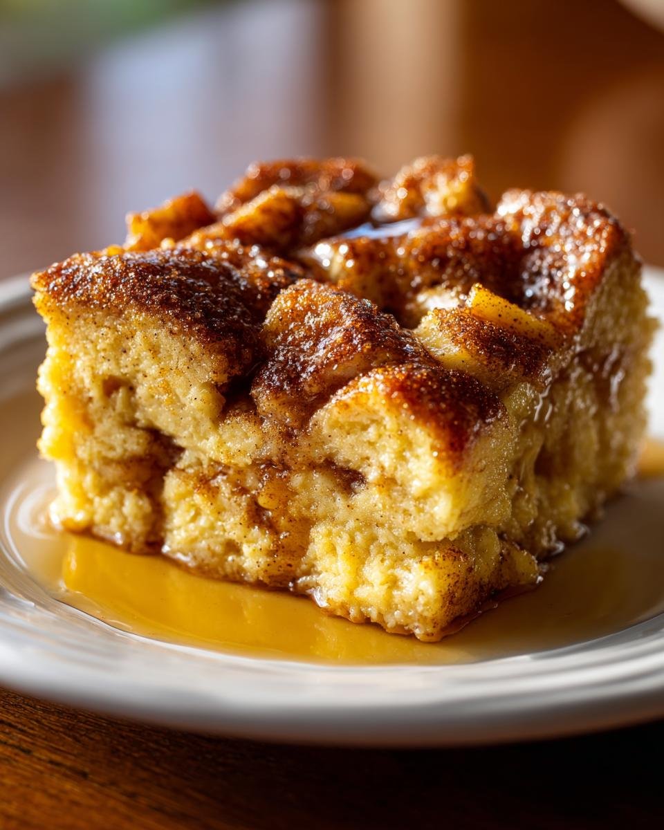 A close-up of a square serving of Cinnamon Apple French Toast Casserole drenched in syrup.