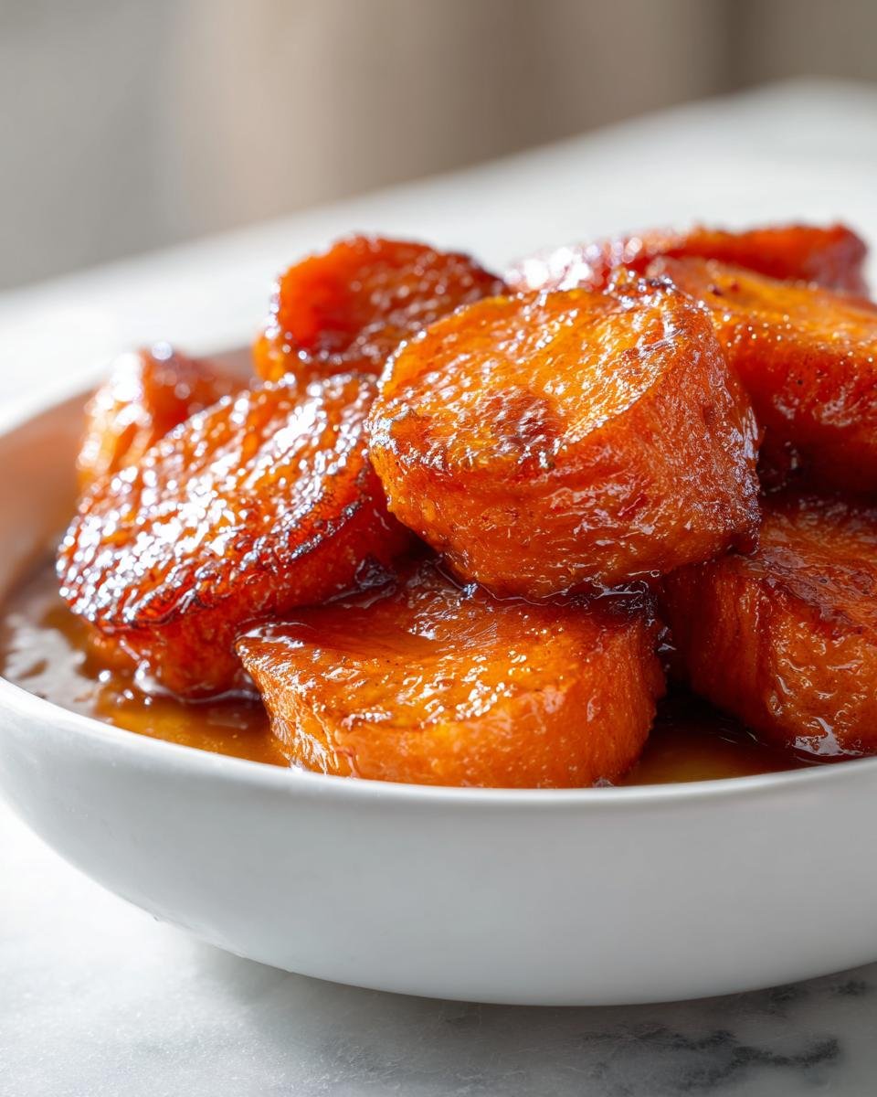 Close-up of thick-cut, glossy Candied Yams swimming in a rich, amber syrup in a white serving bowl.