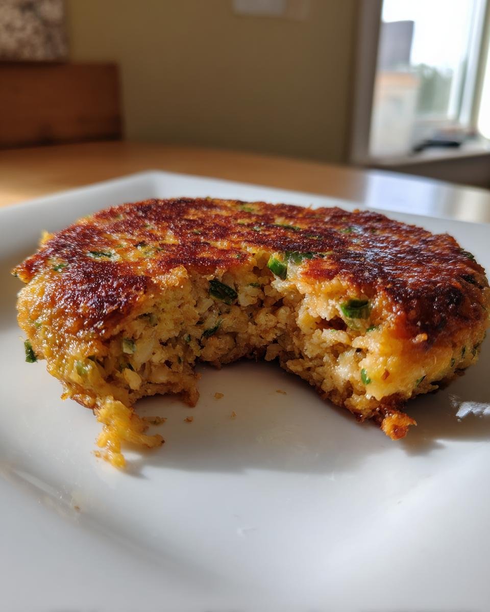 Close-up of a perfectly seared Salmon Burger patty on a white plate, showing the flaky interior texture.