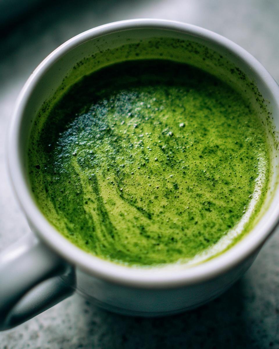 Close-up of vibrant green Cream Zucchini Soup with a frothy top served in a white mug.