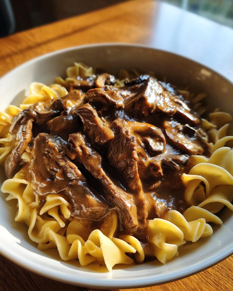 Close-up of creamy Beef Stroganoff with tender beef strips and mushrooms over wide egg noodles in a white bowl.