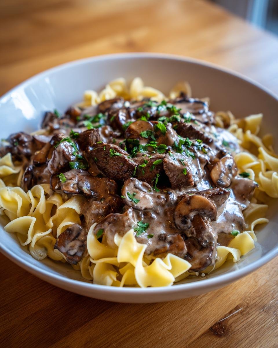 A close-up of a white bowl filled with creamy Beef Stroganoff served over wide egg noodles and garnished with parsley.