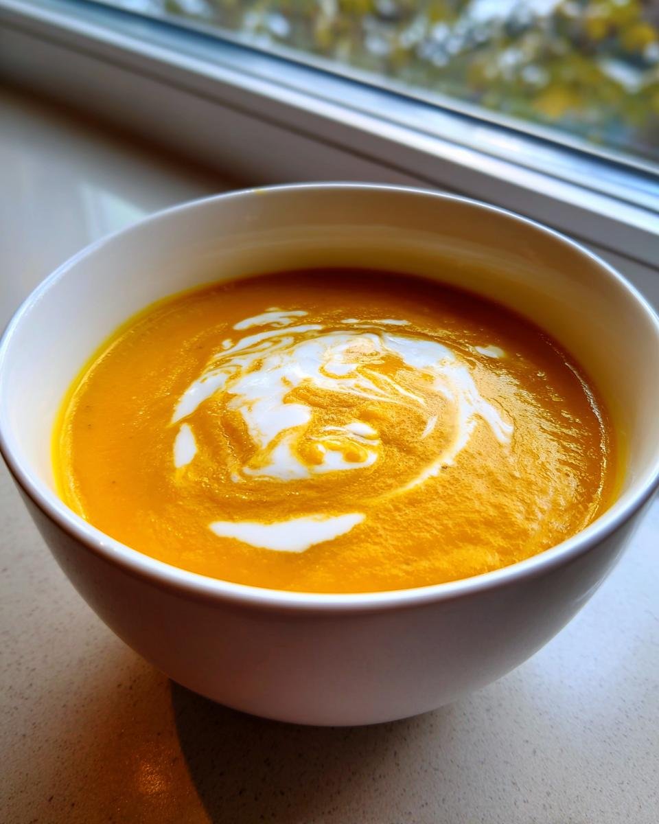 A vibrant orange bowl of Creamy Carrot Soup topped with a white cream swirl, set near a window.