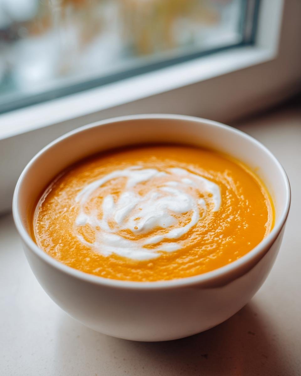 A vibrant orange bowl of Creamy Carrot Soup, topped with a white cream swirl, set near a window.