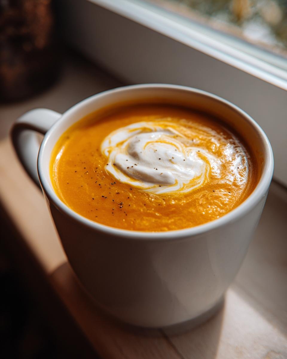Close-up of vibrant orange Creamy Carrot Soup topped with a swirl of cream and black pepper in a white mug.