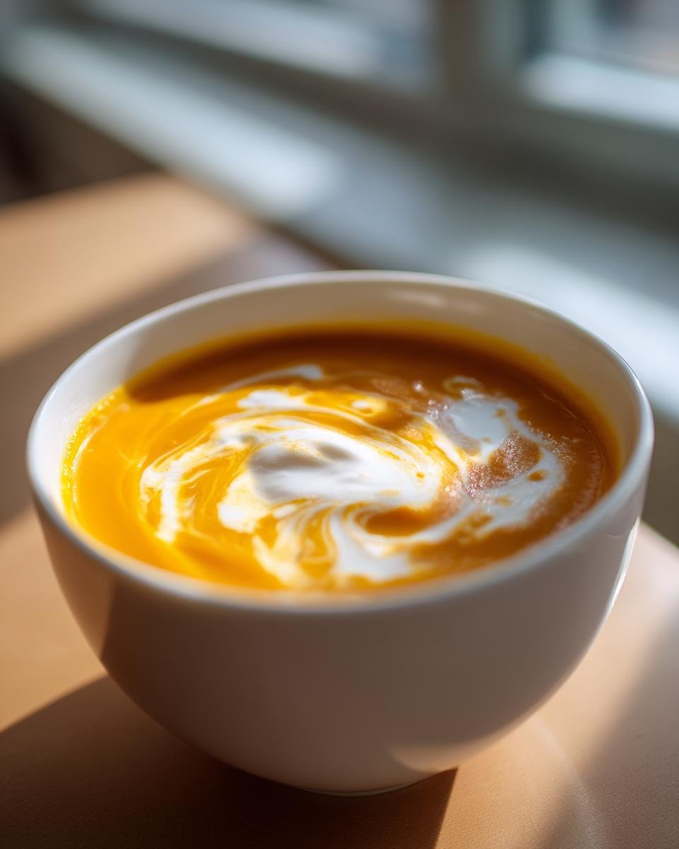 Close-up of bright orange Creamy Carrot Soup topped with a swirl of white cream.