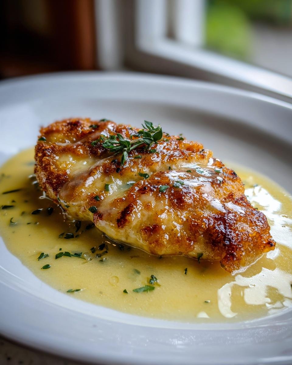 A golden, pan-fried piece of Creamy Chicken Francaise topped with melted cheese and fresh thyme sprigs, resting in a pool of lemon butter sauce.