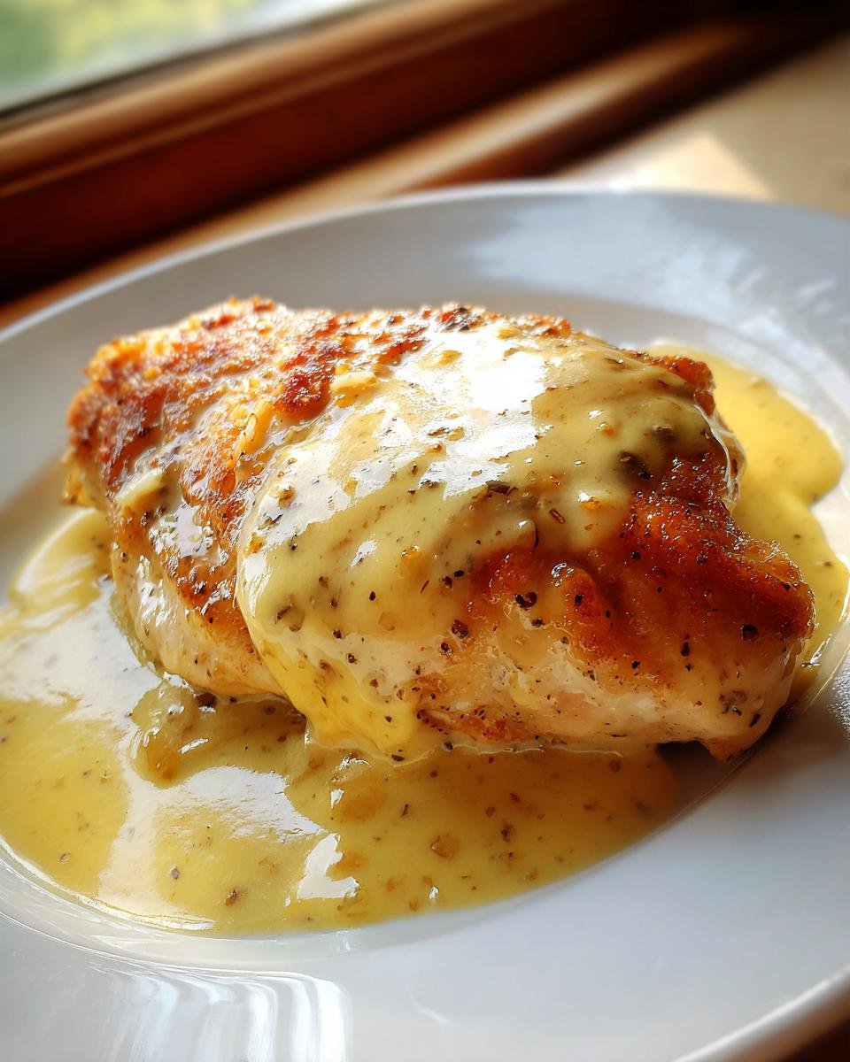 A perfectly cooked piece of Creamy Chicken Francaise smothered in a rich, speckled lemon-butter sauce on a white plate.