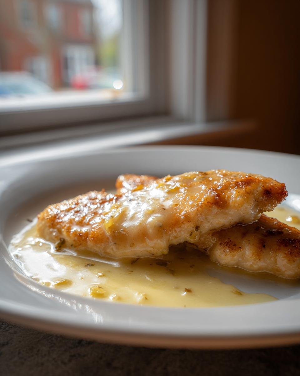 Two golden-brown pieces of Creamy Chicken Francaise resting in a pool of rich, pale yellow sauce on a white plate.