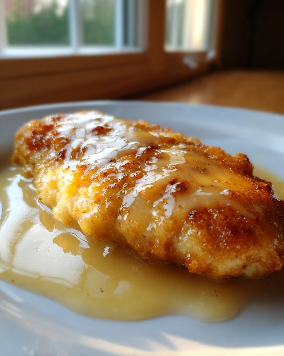 Close-up of a pan-fried chicken breast covered in a rich, creamy sauce, characteristic of Creamy Chicken Francaise.