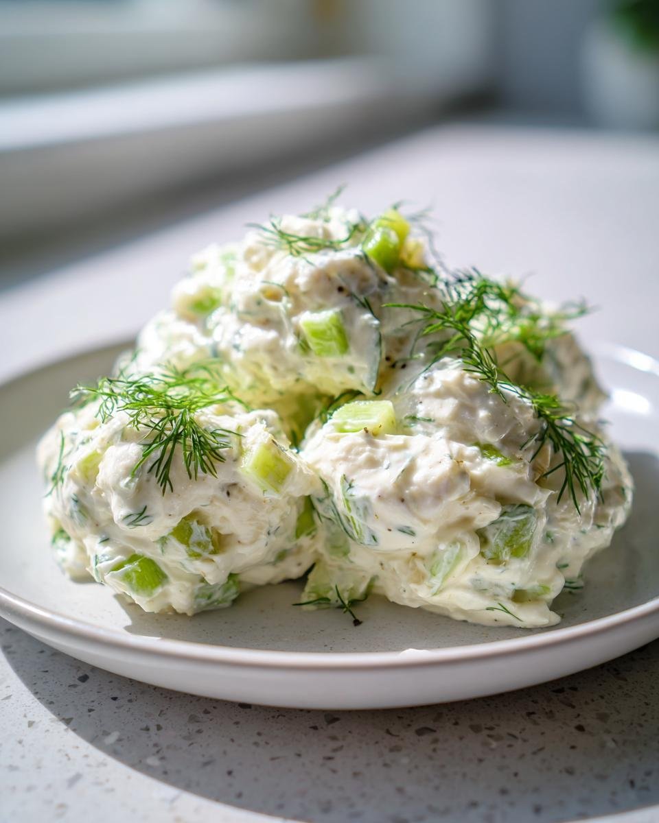 Three scoops of creamy dill chicken salad mixed with bright green celery pieces and topped with fresh dill sprigs.