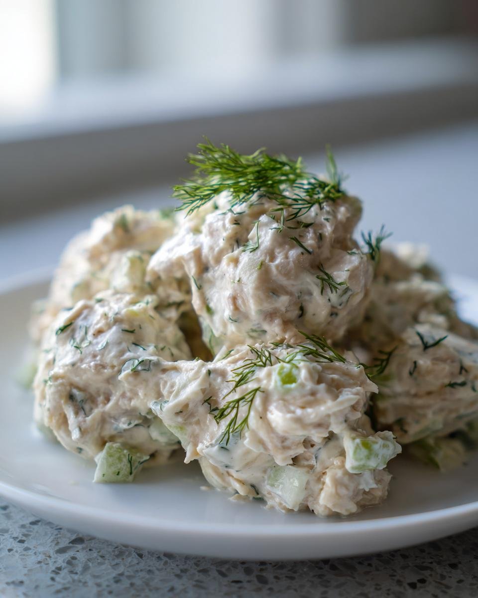 A close-up of scoops of Creamy Dill Chicken Salad garnished with fresh dill sprigs on a white plate.