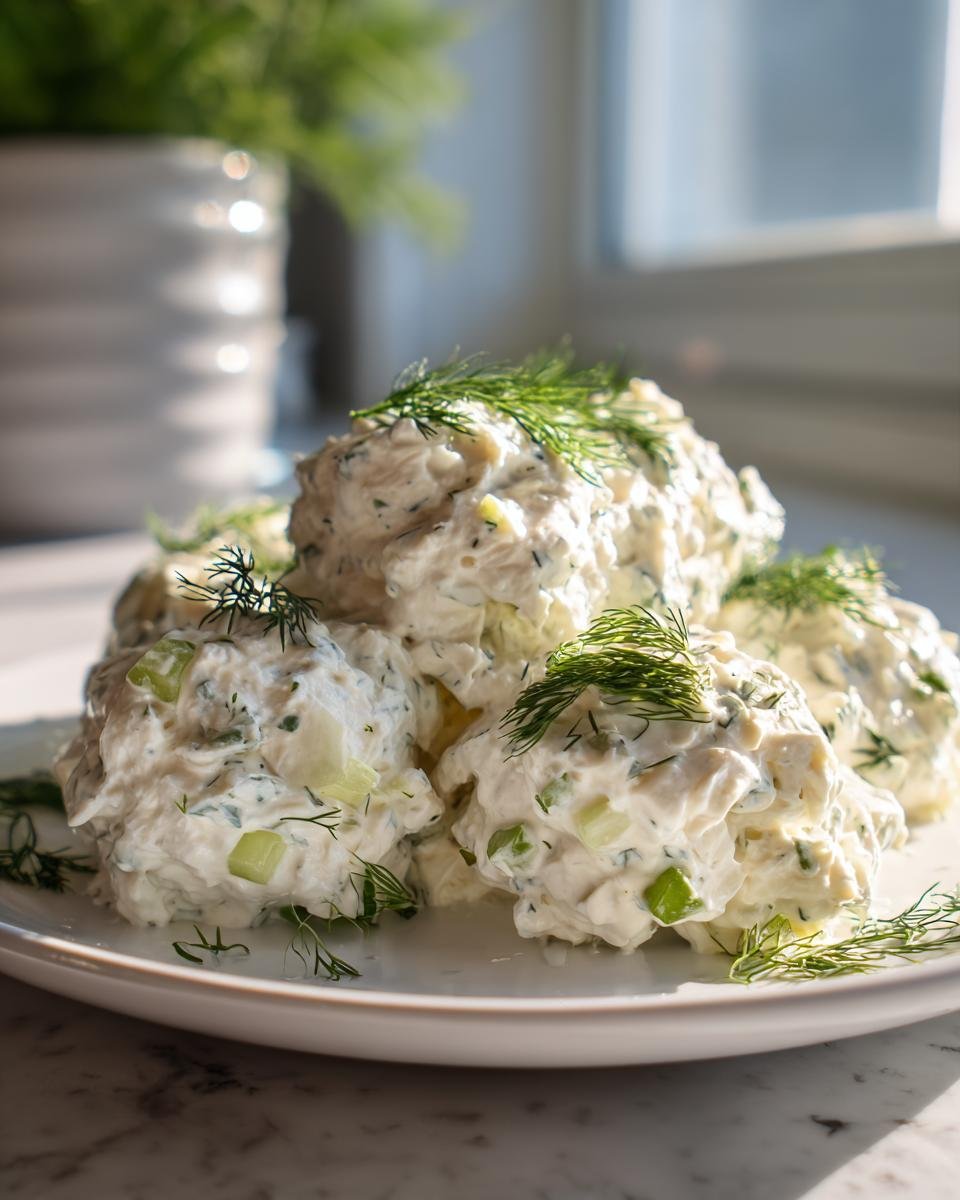 Several scoops of Creamy Dill Chicken Salad, garnished with fresh dill sprigs, on a white plate.