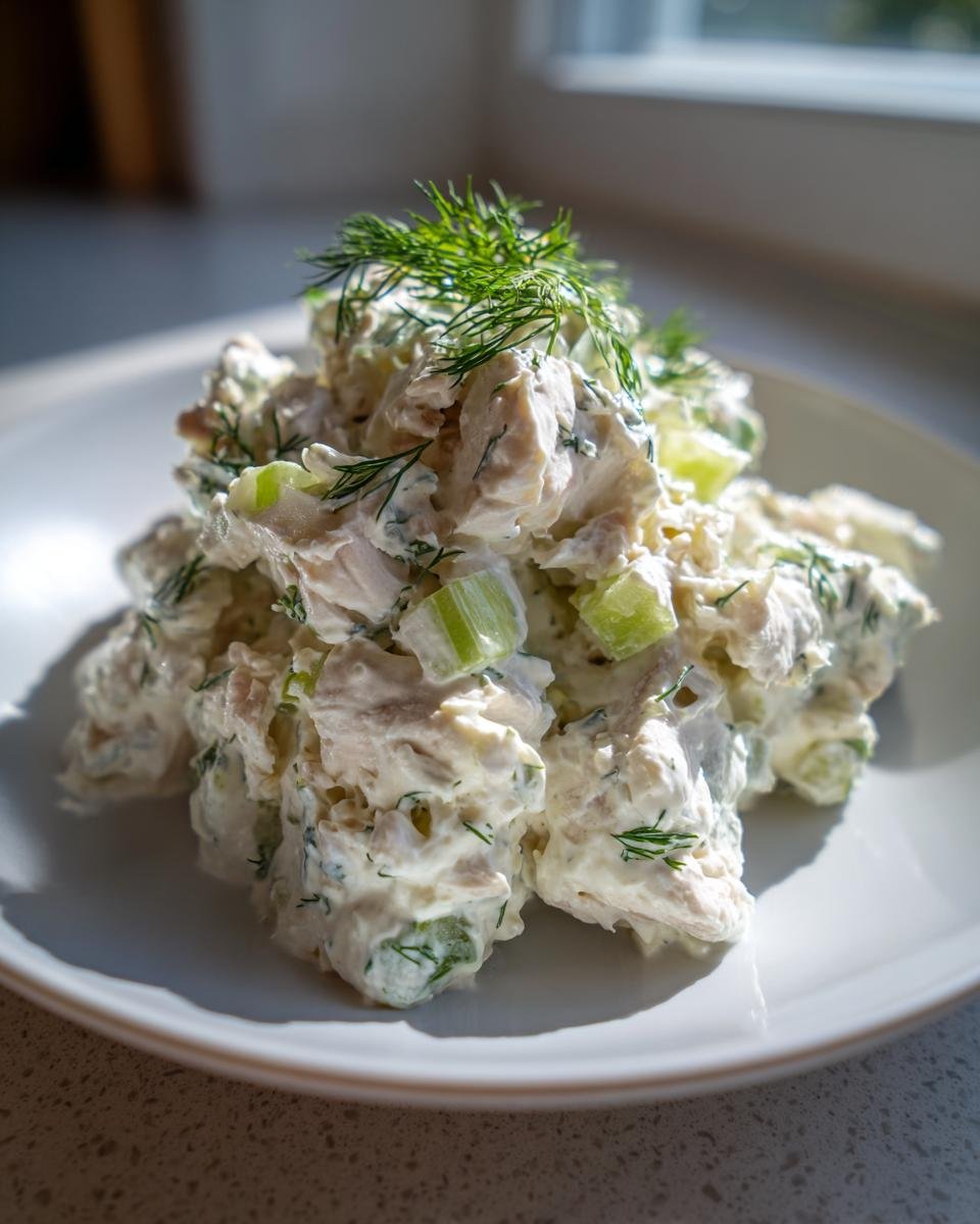 A serving of Creamy Dill Chicken Salad featuring chunks of chicken, celery, and a creamy dressing, topped with fresh dill.