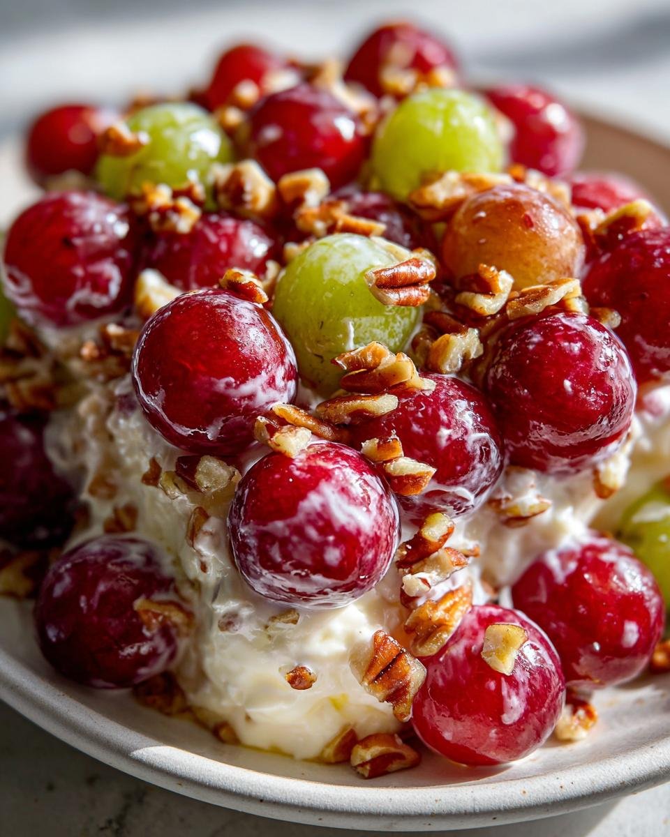 Close-up of creamy Grape Salad topped with red and green grapes and chopped pecans.