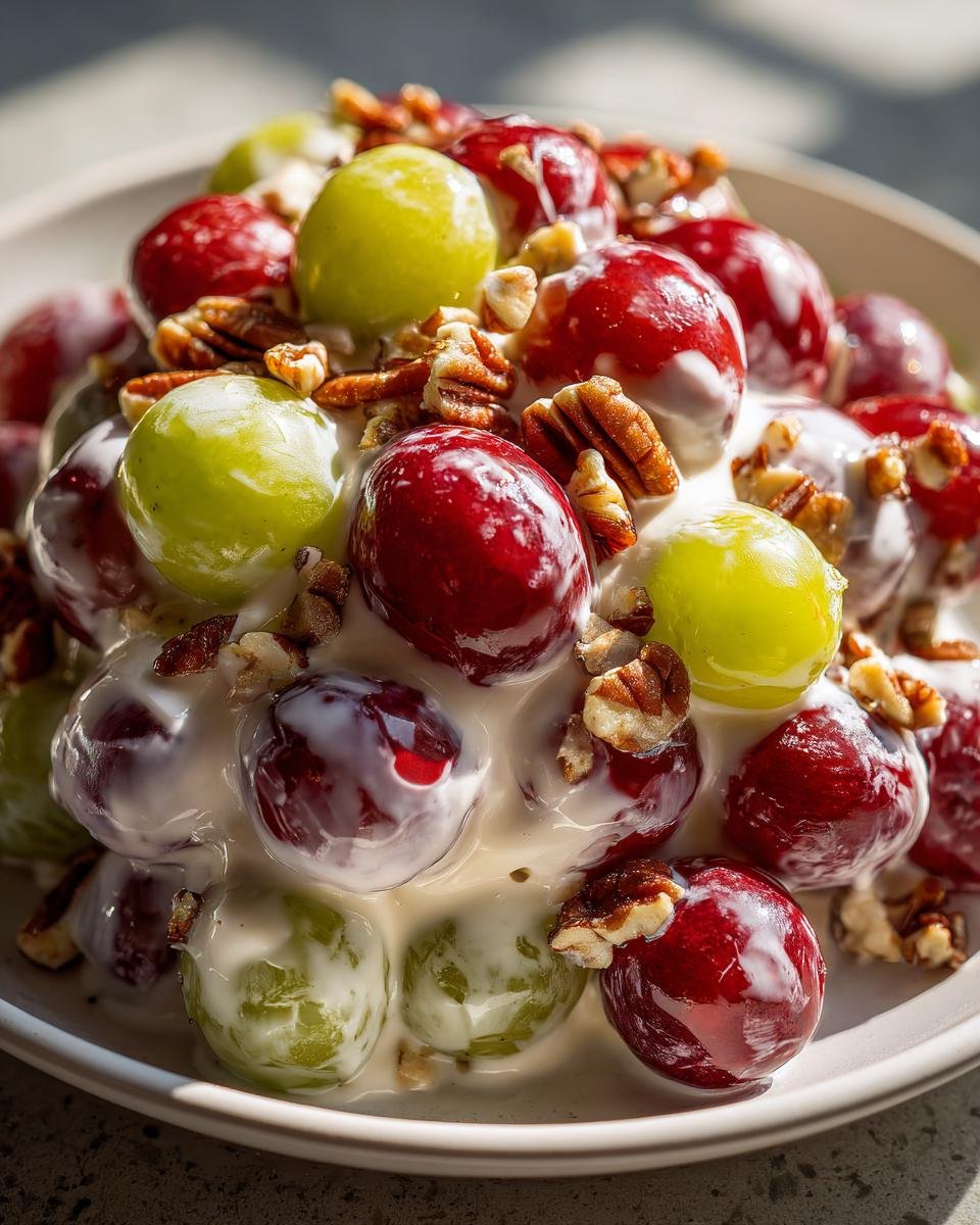 Close-up of vibrant red and green grapes coated in a creamy dressing and topped with chopped pecans, showcasing the perfect Grape Salad.
