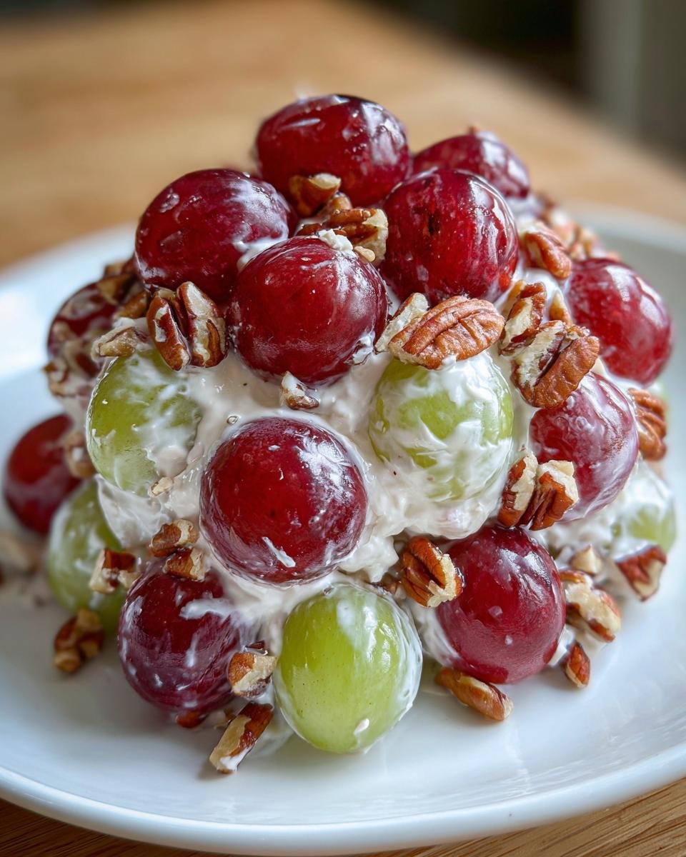 A close-up mound of vibrant red and green grapes coated in creamy dressing and topped with chopped pecans, showcasing the finished Grape Salad.