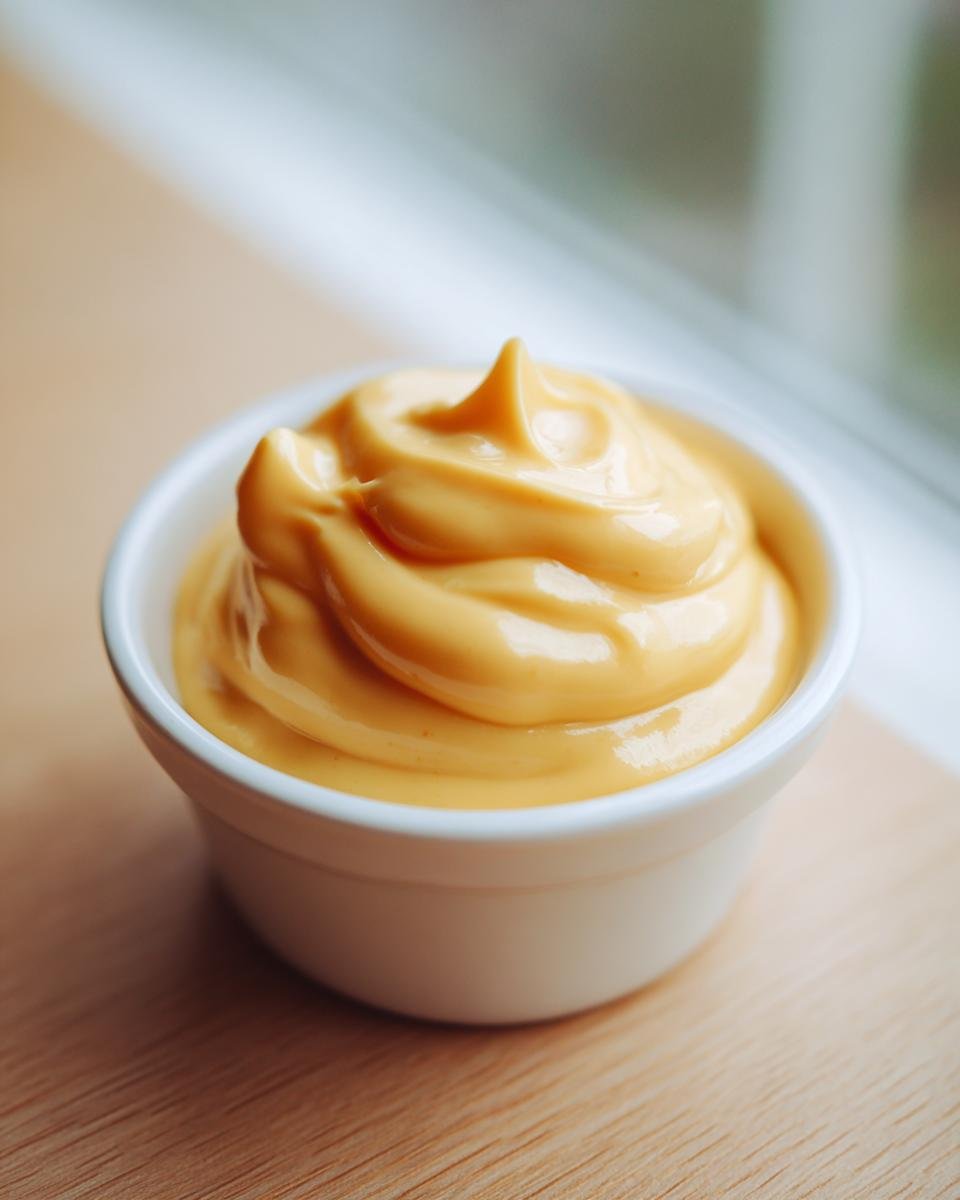 Close-up of thick, vibrant yellow Honey Mustard Sauce swirled high in a small white dipping bowl.