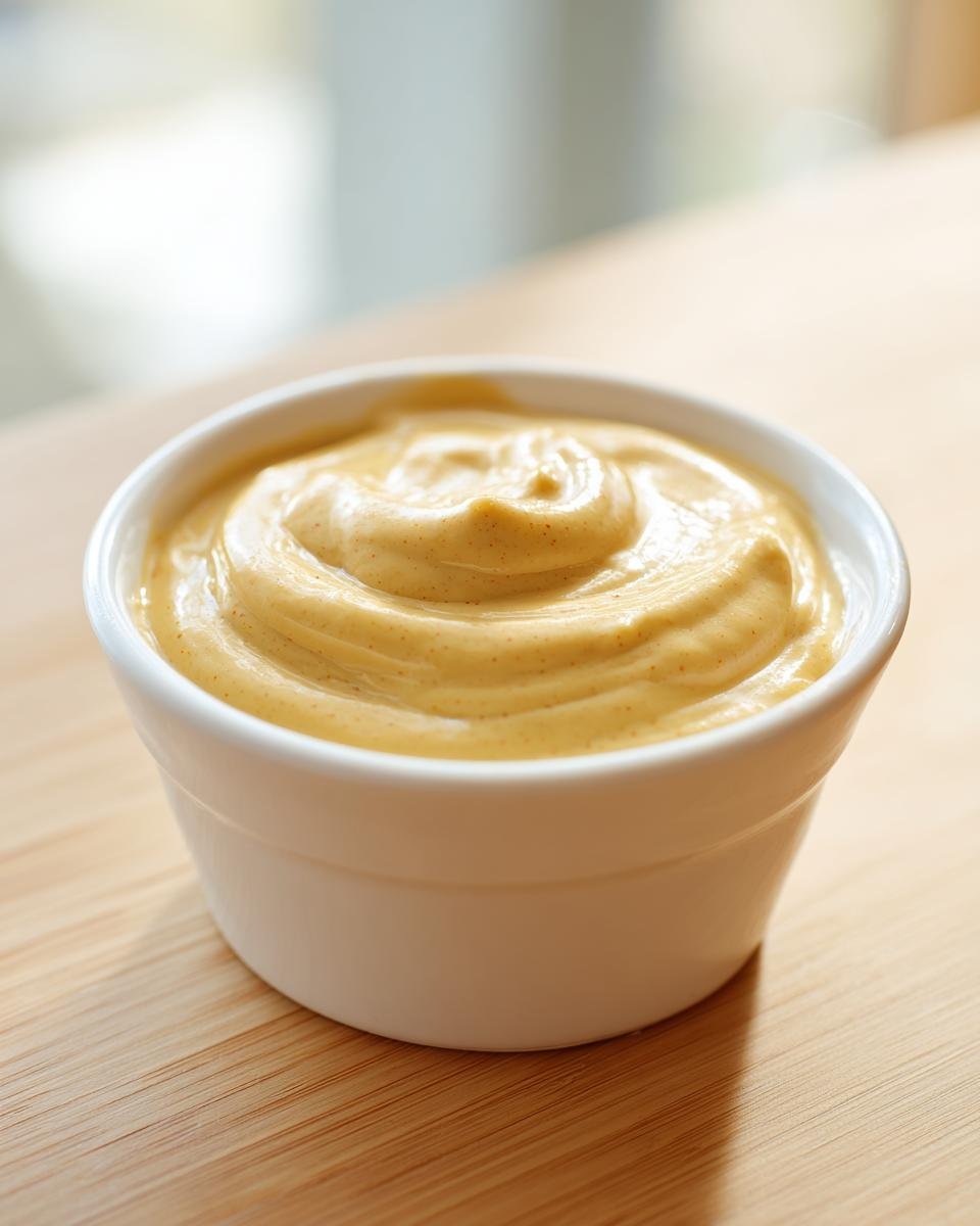 A close-up of creamy, golden Honey Mustard Sauce swirled in a small white bowl.