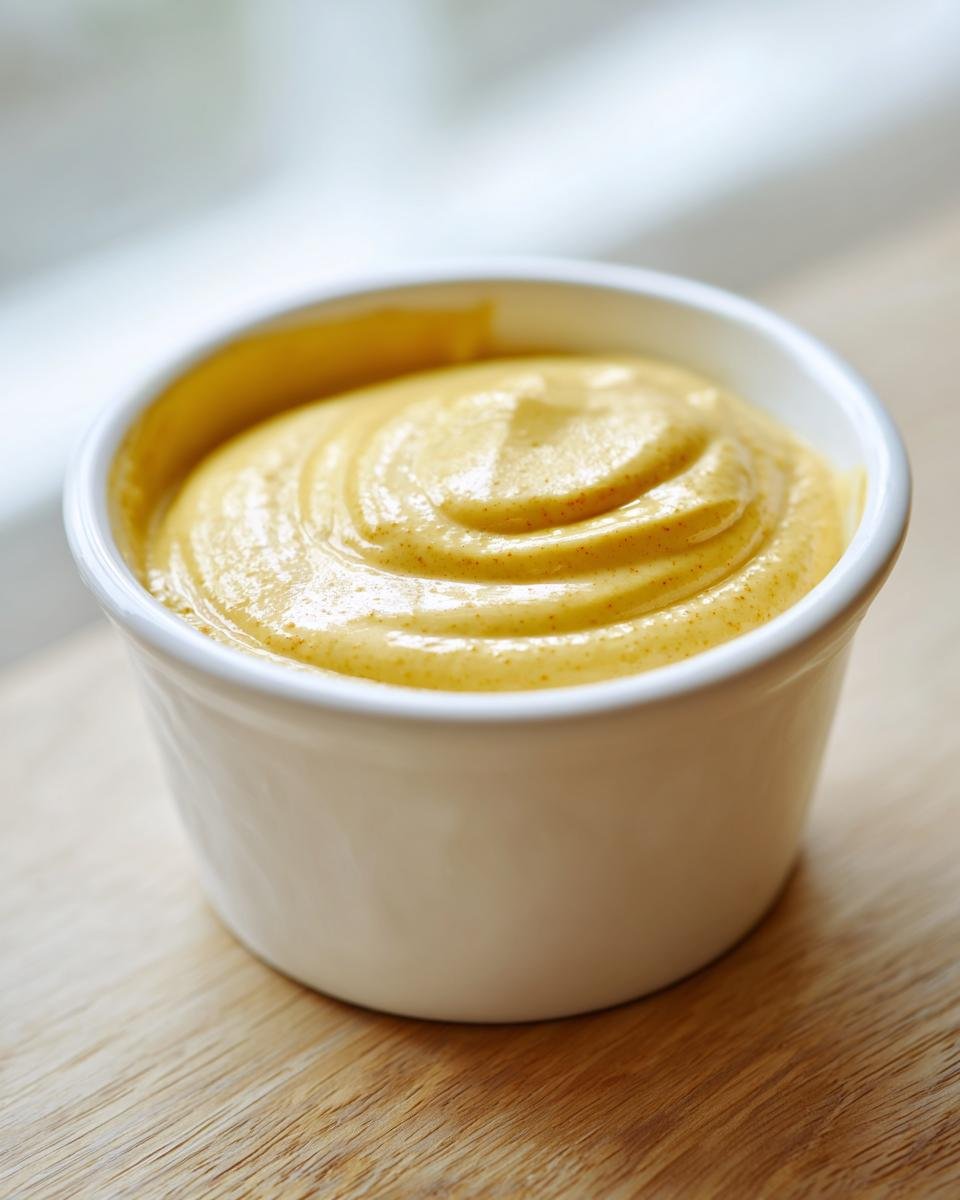 Close-up of creamy, bright yellow Honey Mustard Sauce swirled in a small white ramekin on a wooden surface.
