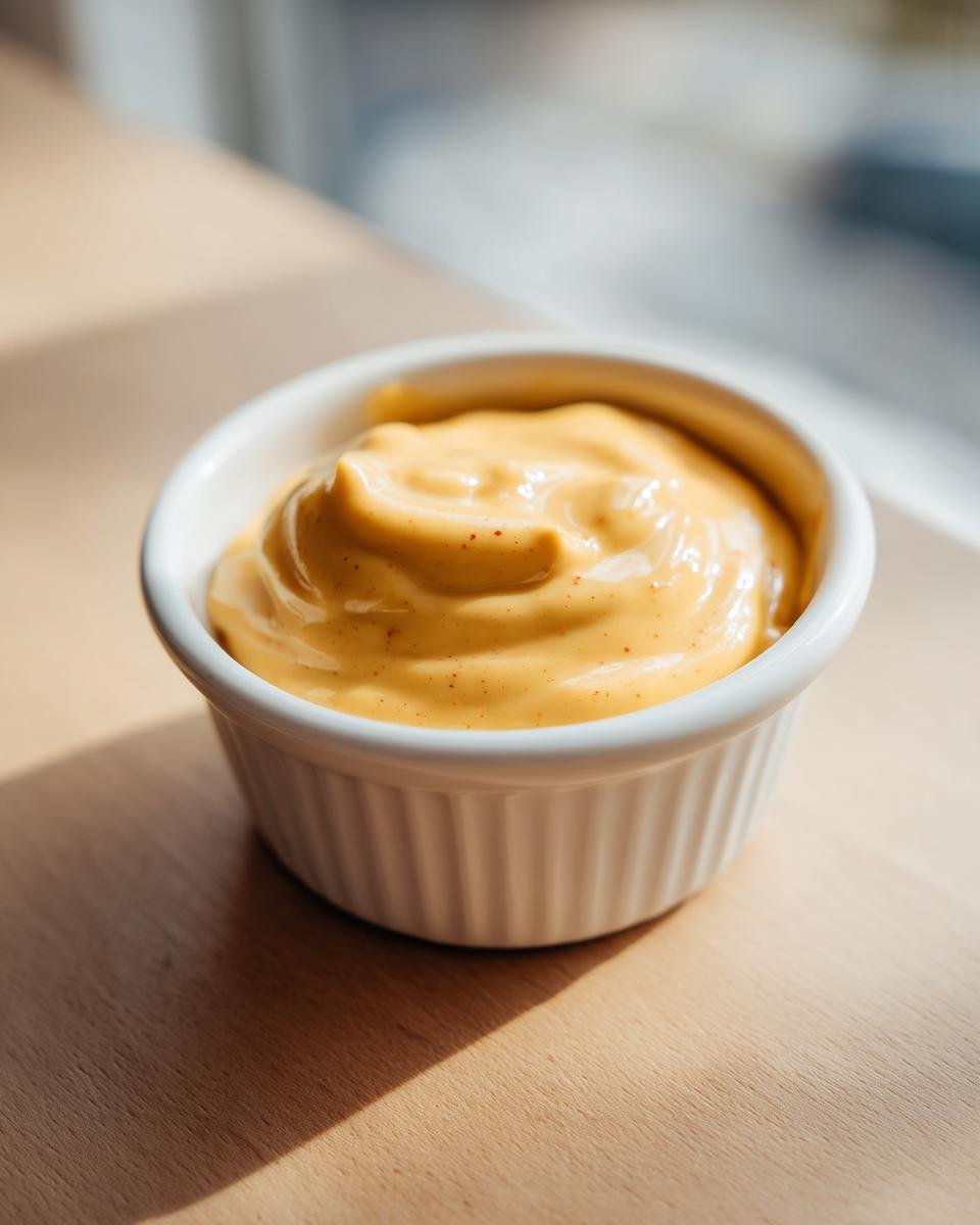 A close-up of creamy, golden Honey Mustard Sauce served in a small white fluted ramekin on a wooden surface.