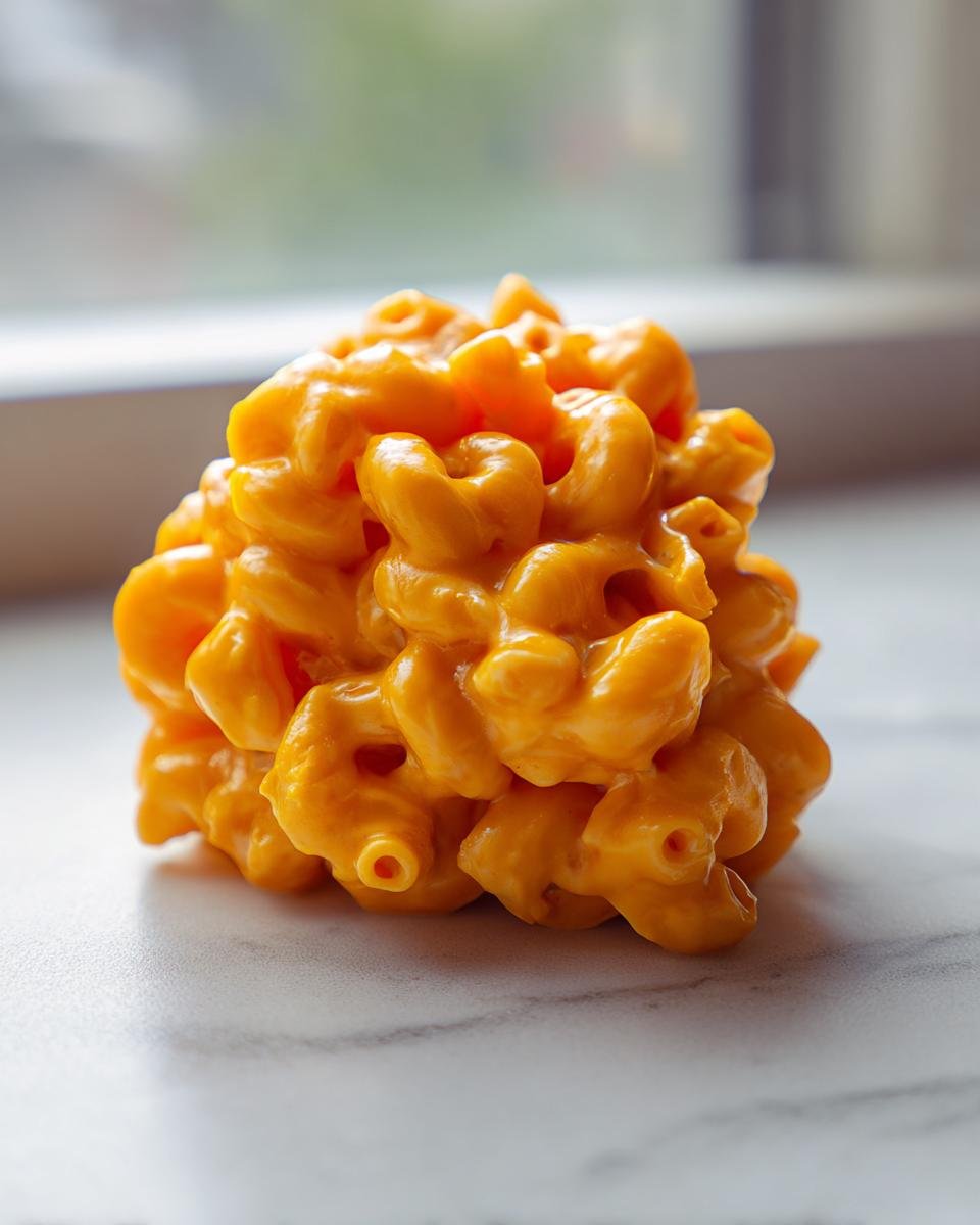 A close-up mound of bright orange, creamy Instant Pot Mac And Cheese made with elbow macaroni.
