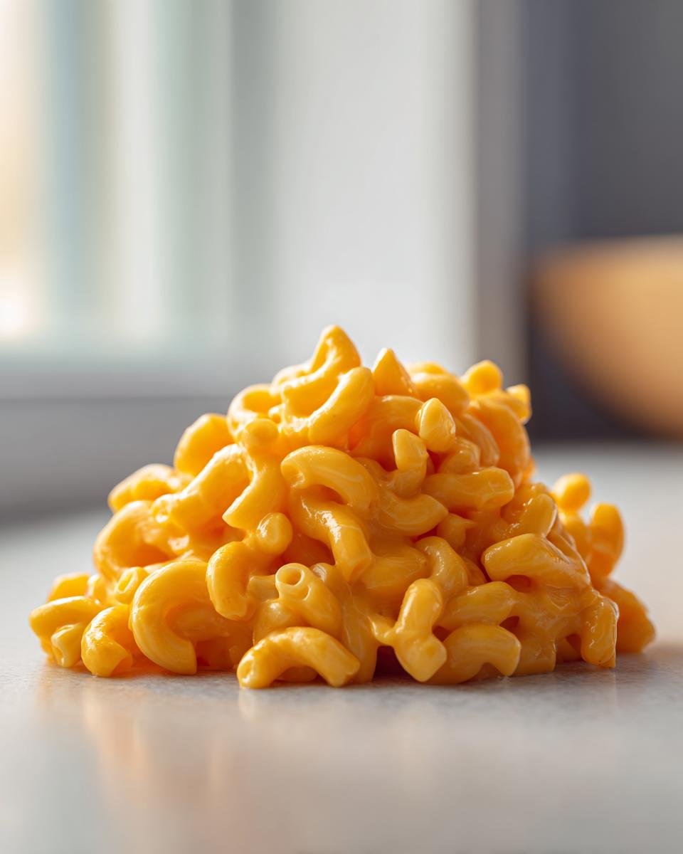 Close-up of a small mound of creamy, bright orange Instant Pot Mac And Cheese made with elbow macaroni.