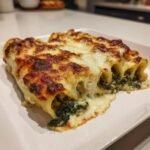 Two baked cannelloni tubes filled with creamy ricotta, spinach, and chicken, topped with melted, browned cheese.
